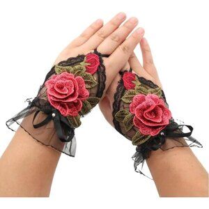 Women's A-A-Black Rose Red Flowers Embroidered Lace Gloves Cocktail Costumes